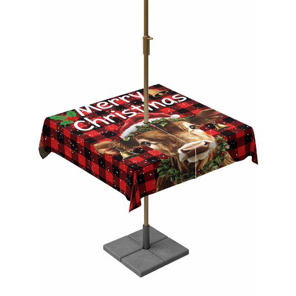 Outdoor Tablecloth with Umbrella Hole and Zipper, Christmas Square Table Cloth 60x60 Inch Waterproof Tablecloth, Winter Cow Pine Branches Red Black Buffalo Plaid Picnic Table Cover for Patio Camping