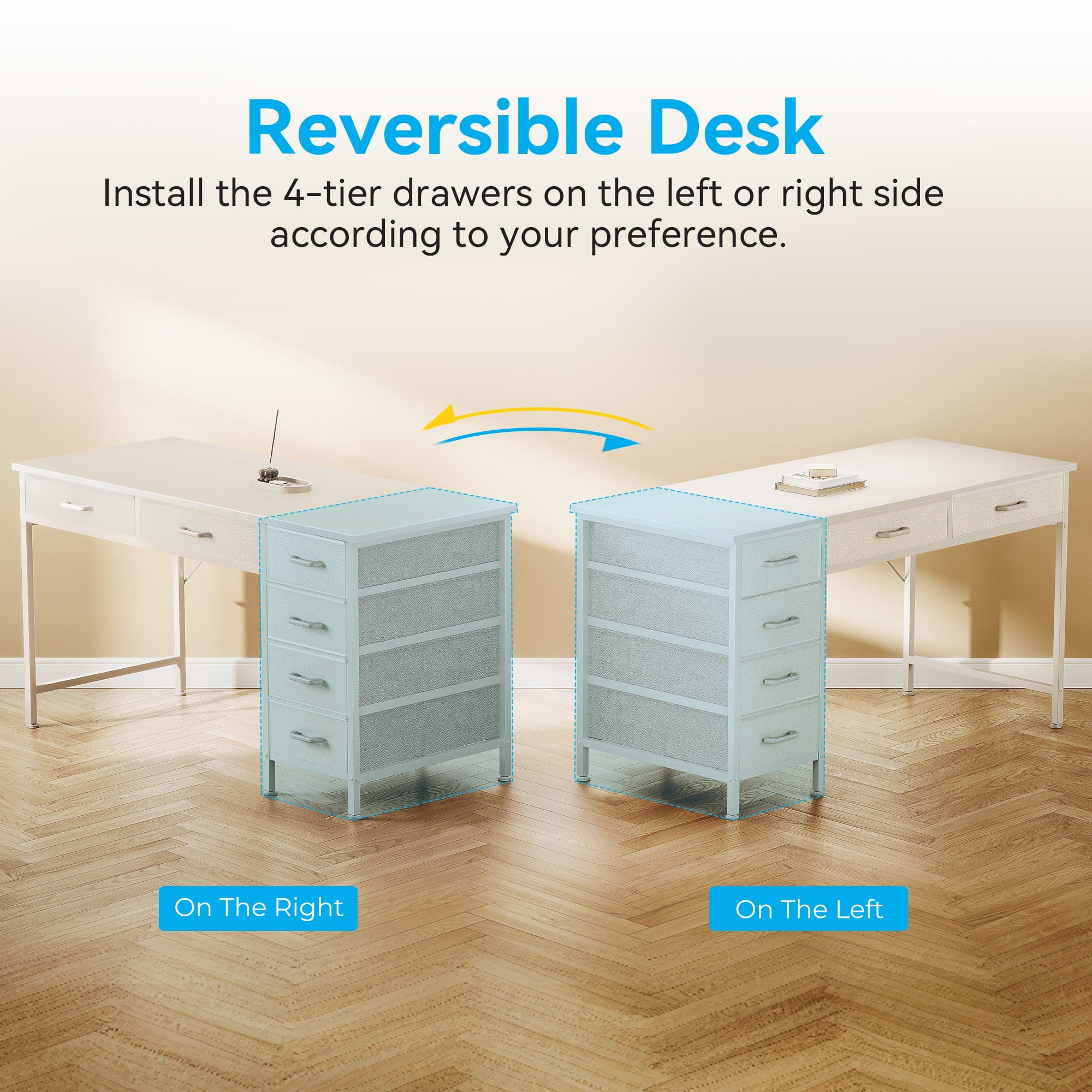 Casacomoda 48" Home Office Desk with 6 Drawers, Small Space Computer Desk with Reversible Storage, Corner Computer Desk, White