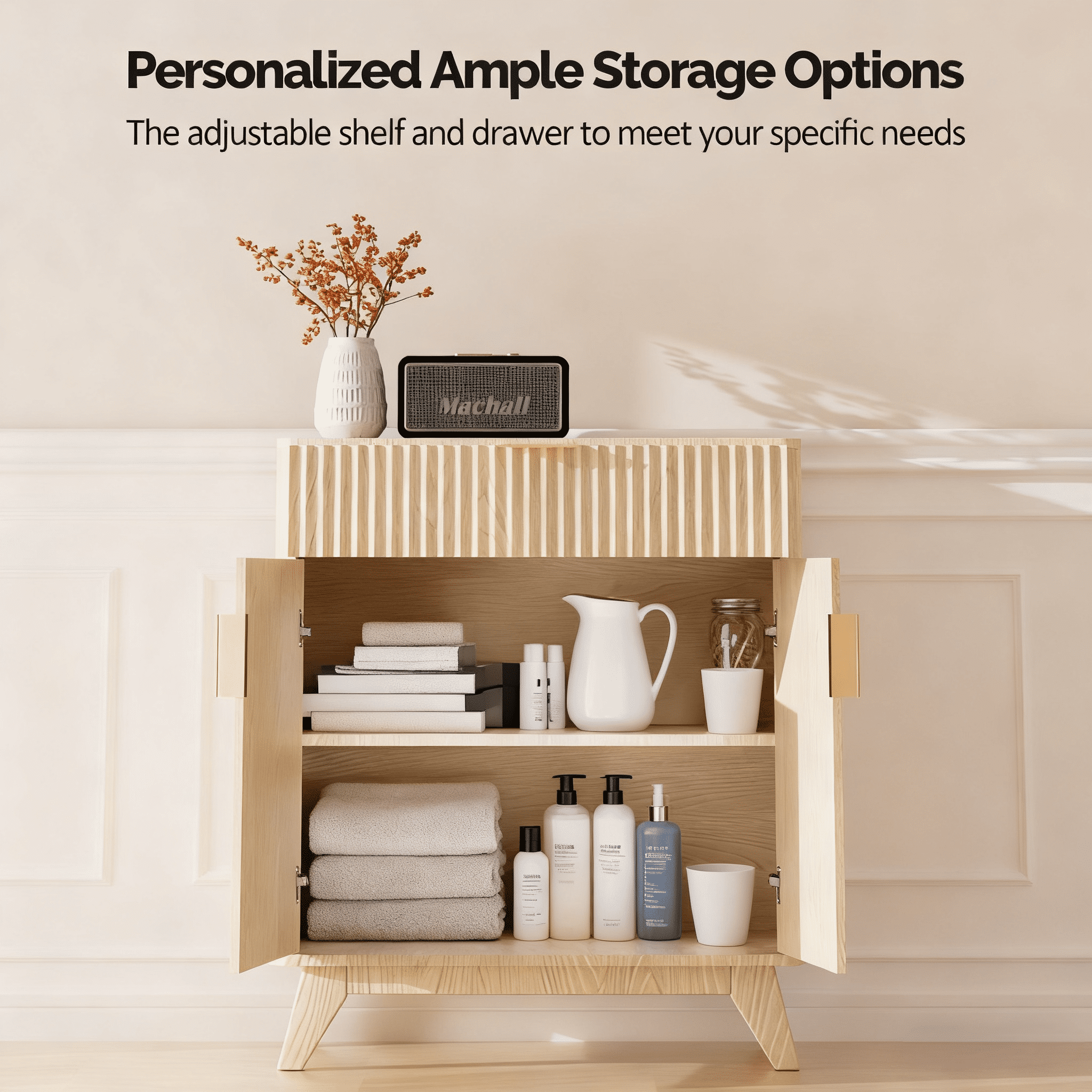 Ktaxon Modern Bathroom Cabinet with 2 Doors & Drawer, Storage Pantry with Adjustable Shelf Bathroom Floor Cupboard Wooden Freestanding for Washing Room