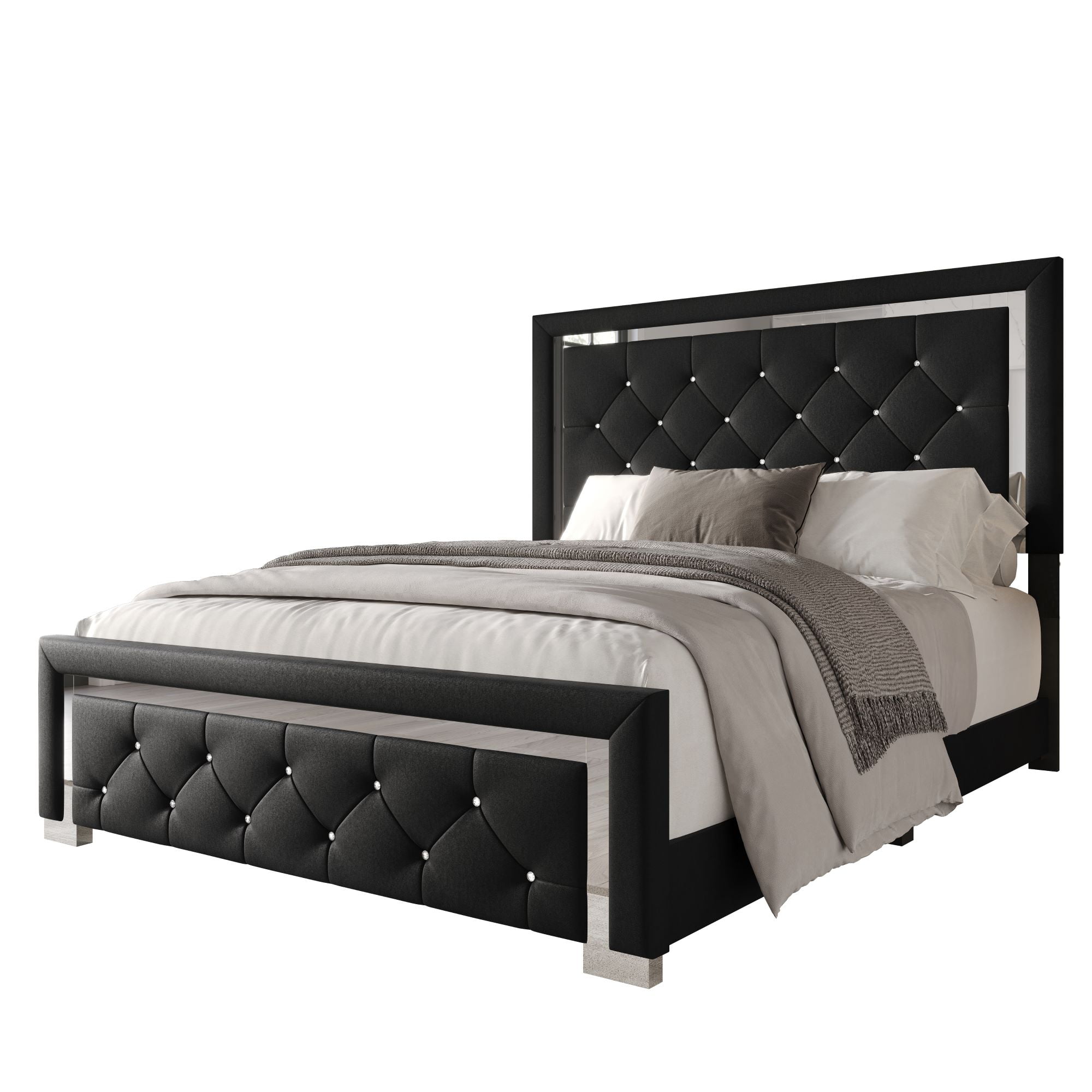 Home Design Toccoa Full Upholstered Panel Bed Frame with Diamond Button-Tufted Headboard and Silver Metal Accents, Black, Easy Assembly