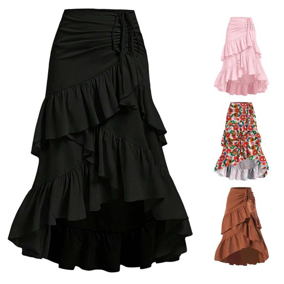 Wxolcjlv Womens Ruched Drawstring Midi Skirt Ruffled High Low Hem Flowy Evening Skirt