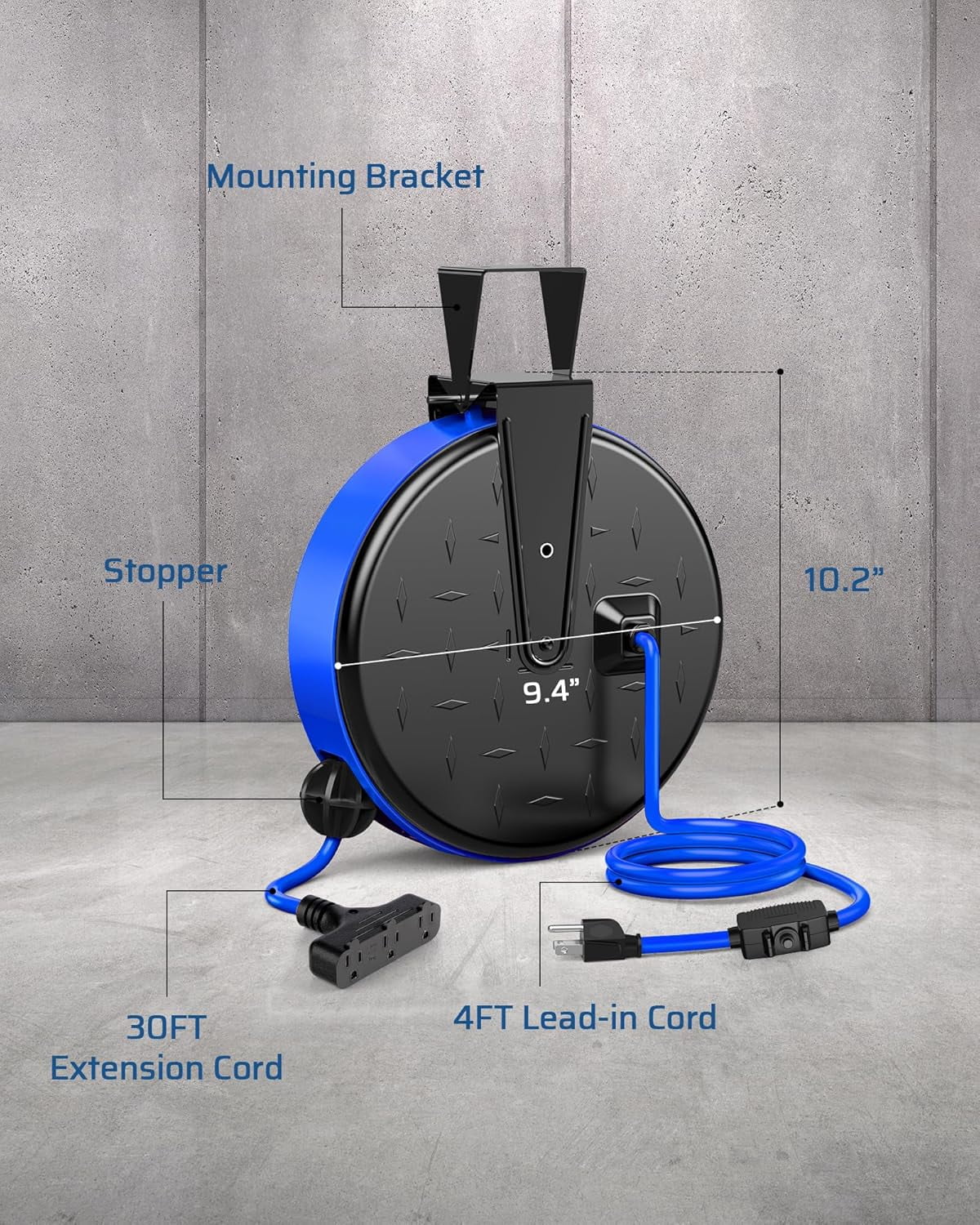 30FT Extension Cord Reel, 16/3 Gauge SJTW Power Cord, Retractable Cord Reel with 3 Outlets, Ceiling/Wall Mount for Garage, Workshop, 10A Circuit Breaker, Metal Plate, UL Listed, Blue
