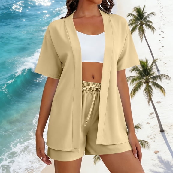 Mifsaly Vacation Sets for Women Summer 2 Piece Oversized Short Sleeve Cardigans Drawstring Beach Shorts Travel Lounge Matching Outfits