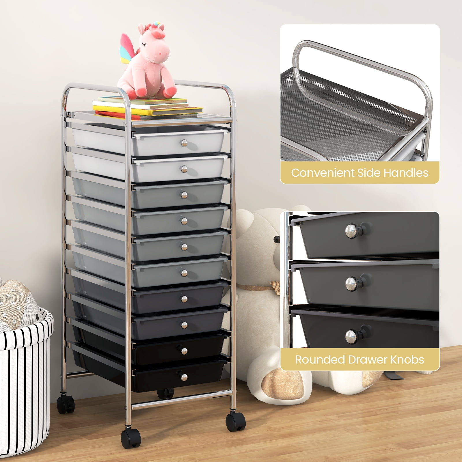 Costway Art & Craft Storage Carts with 10 Removable Drawers Mental Frame & 4 Wheels Gradient Black