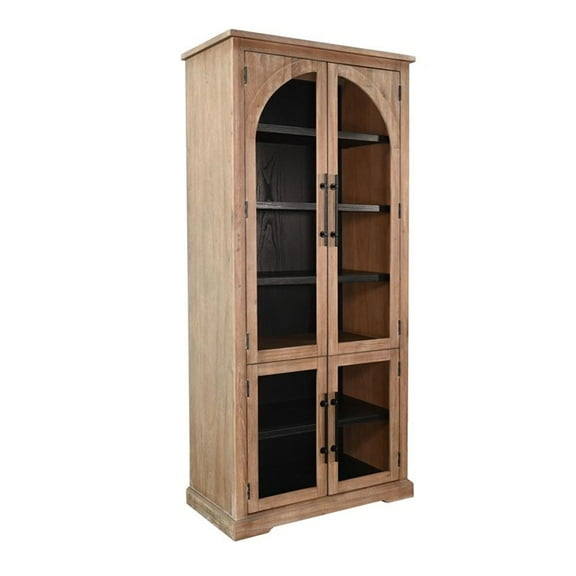 Pemberly Row Wood Natural Tall Cabinet with Arched Glass Doors