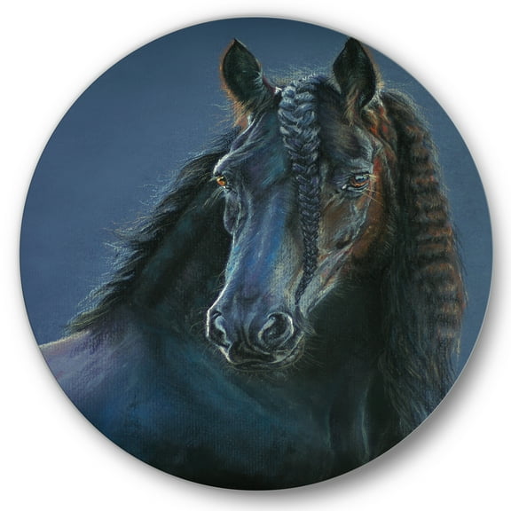 Designart 'Frisian Black Horse Portrait' Farmhouse Circle Metal Wall Art 36x36 - Disc of 36
