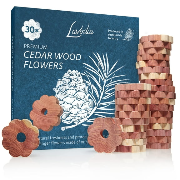 Lavodia Cedar Closet Fresheners for Clothes Hangers, Wardrobe Closet Wood Flower Ring, Pack of 30