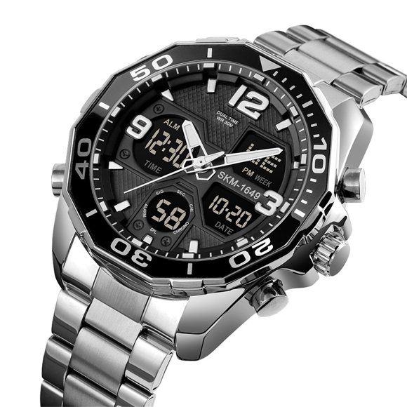 Digital Watch Mens Multi-Time Chronograph Digital Analog Stainless Steel Sports Wrist Watch