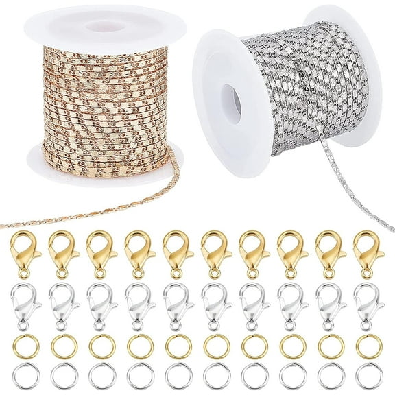 2 Rolls Total 10m Necklace Chains Roll Brass DIY Chain Jewelry Making Kits with 20Pcs Zinc Alloy Lobster Clasps 60Pcs Iron Jump Rings