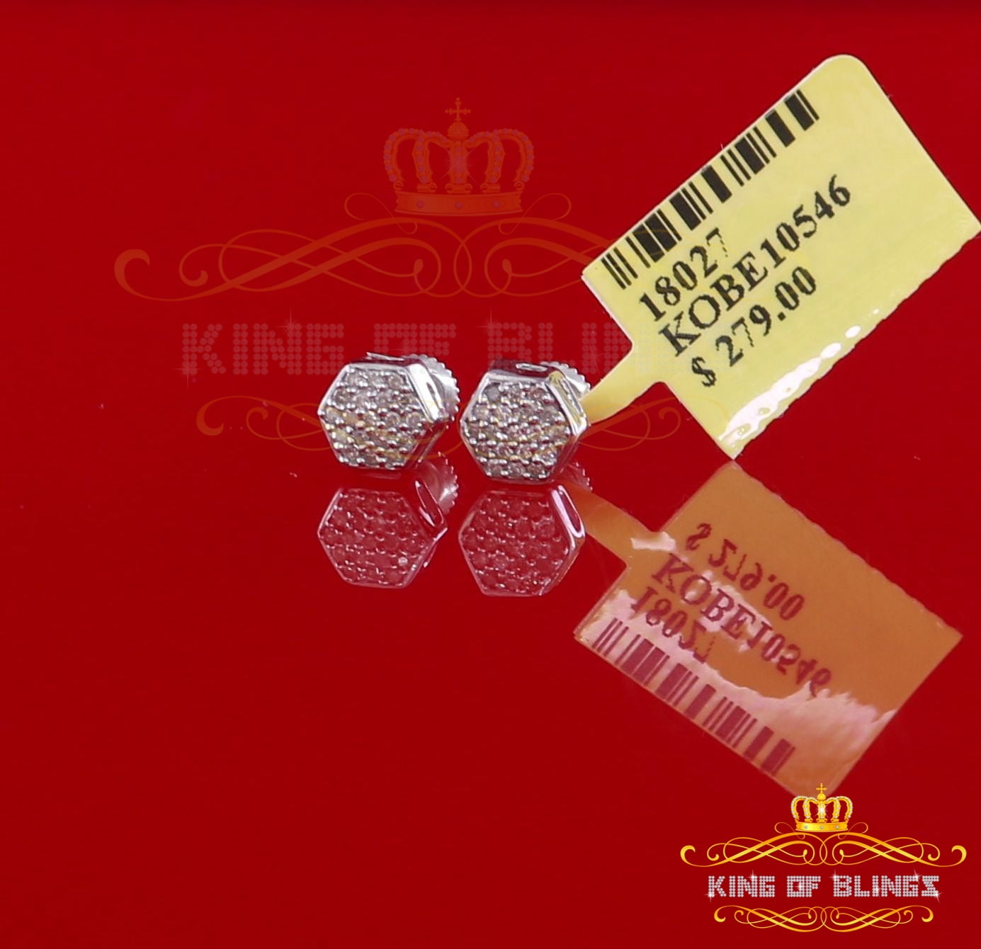King of Bling's 0.15ct Diamond Stud Hexagon Earrings White 925 Sterling Silver For Men/ Women