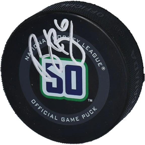 Brock Boeser Vancouver Canucks Autographed 50th Anniversary Season Official Game Puck - Fanatics Authentic Certified
