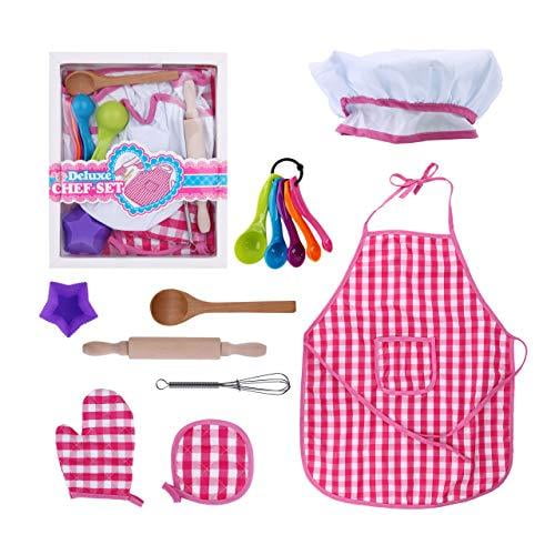 Adjustable Cute Cotton Kids Kitchen Cooking and Baking Wear Kit with 2 Pockets Kids Apron and Chef Hat Set for Cooking Baking Gardening