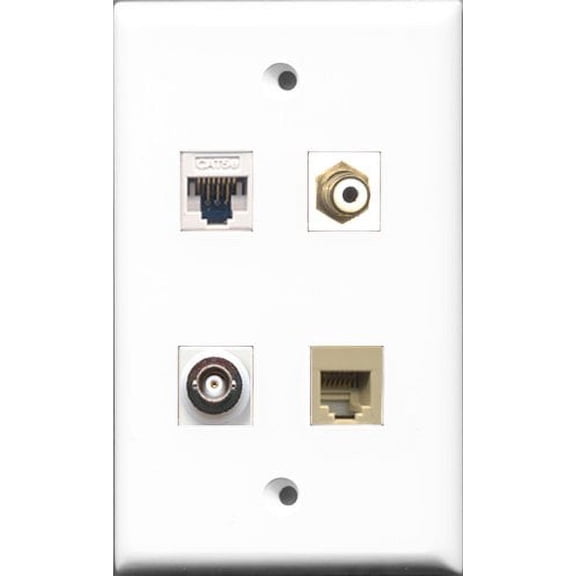 RiteAV 1 Port RCA White and 1 Port Phone RJ11 RJ12 Beige and 1 Port BNC and 1 Port Cat5e Ethernet White Wall Plate