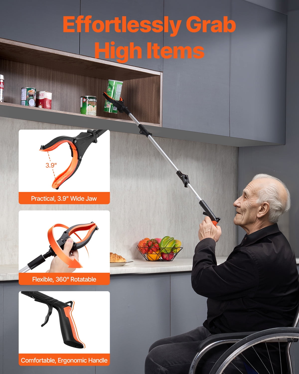 KFFKFF Assistance Device, 43" Collapsible Pick-Up Instrument with 360° Swiveling Clasp, Inbuilt Magnet and LED Illumination, Featherweight Aid for Elderly, Extended Length Litter Collection Tool