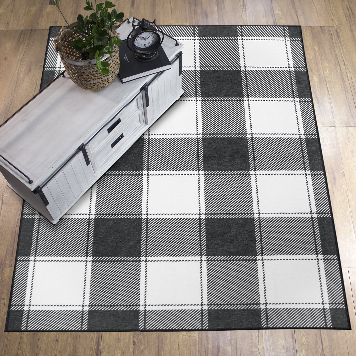 My Magic Carpet Machine Washable Area Rug Buffalo Plaid Black And White