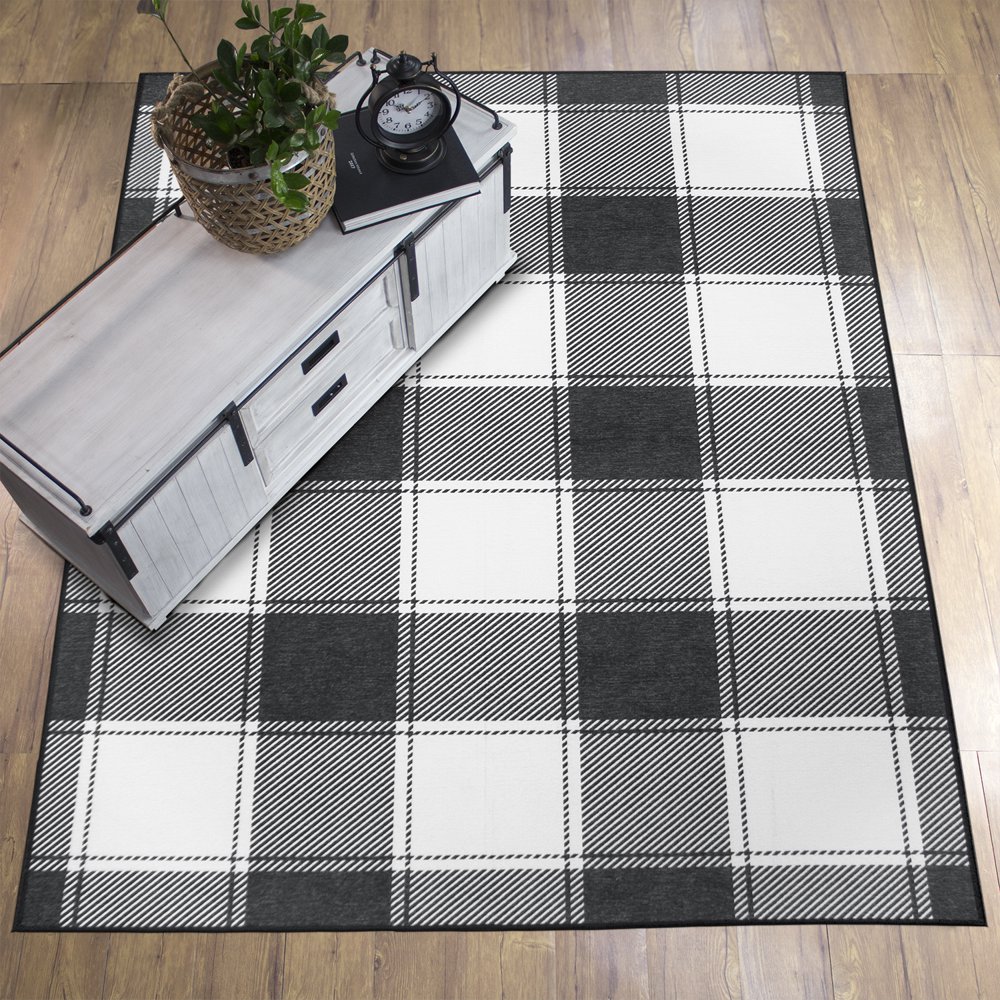 My Magic Carpet Machine Washable Area Rug Buffalo Plaid Black And White