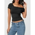thumbnail image 3 of Michellecmm  Women's Asymmetric Tops Off Shouler Short Sleeve Ruched T-Shirt, 3 of 9