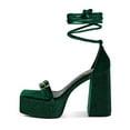 thumbnail image 3 of XYD Women Velvet Ankle Strap Rhinestones Sandals Chunky High Heels Square Open Toe Platform Pumps Wedding Event Shoes Size 10 Green, 3 of 6