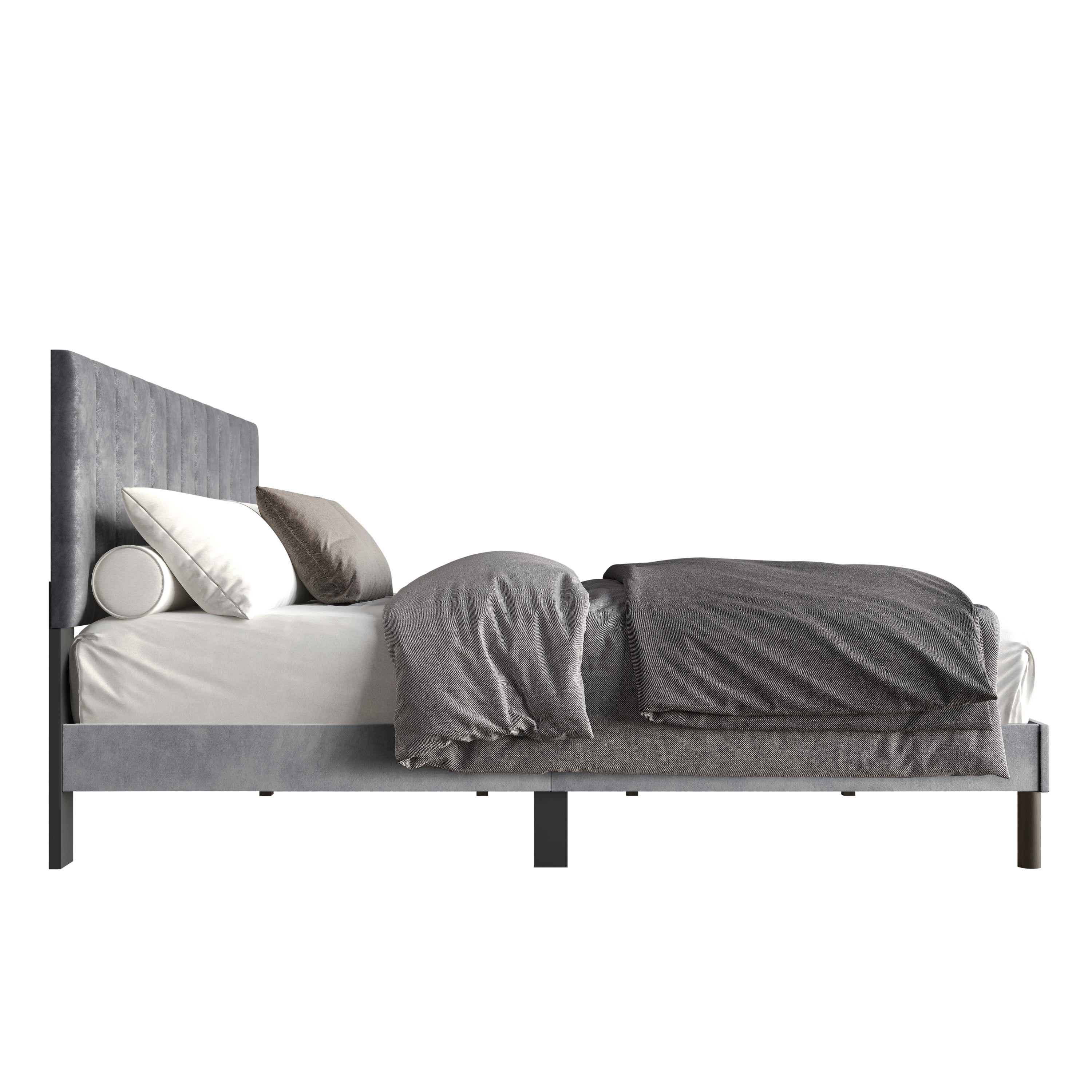 Home Design Sitka Twin Velvet Upholstered Platform Bed Frame with Channel-Tufted Headboard & Foam Padding, Silver Gray, Easy Assembly