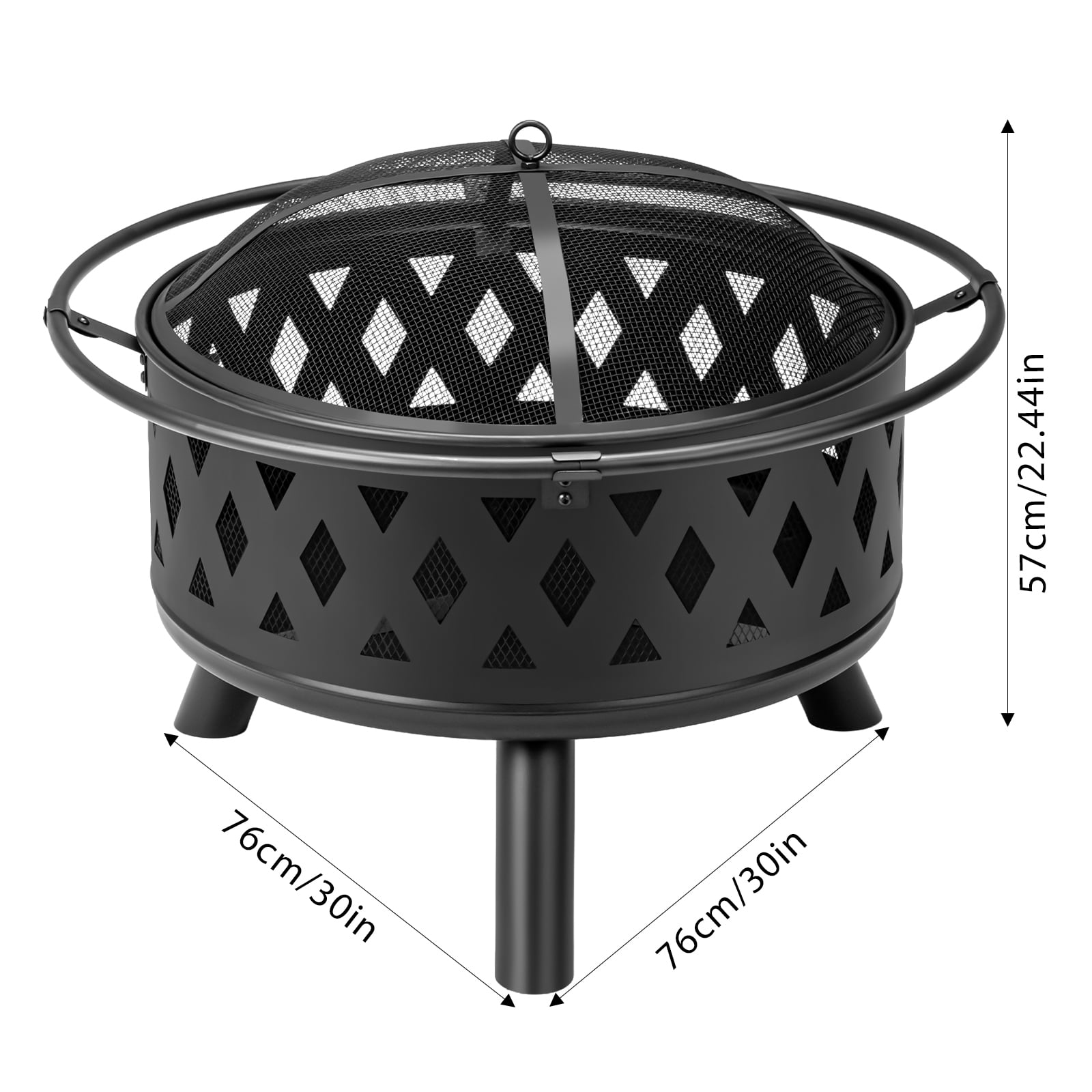 30 Inch Round Outdoor Wood Burning Fire Pit, Heavy Duty Wrought Iron Firepit with Hinged Spark Screen Lid & Lift Ring, Decorative Diamond Cutout Patio Fire Pit for Backyard, Garden, Lawn and Camping