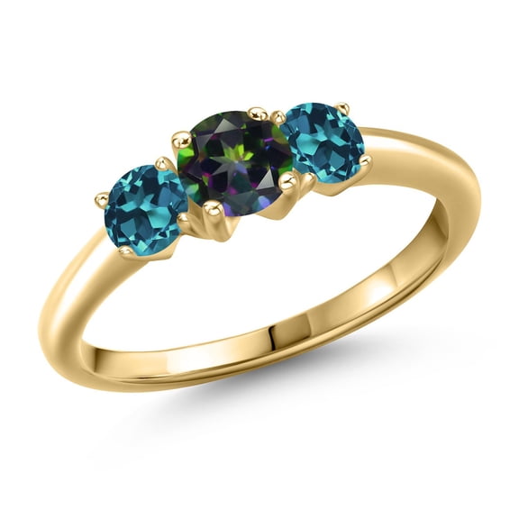 Gem Stone King 10K Yellow Gold Green Mystic Topaz and London Blue Topaz Engagement Ring for Women | 1.21 Cttw | Round 5MM | Gemstone November Birthstone | Size 7