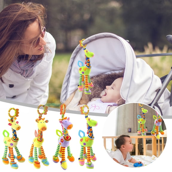 Plumora Plush Giraffe Hanging Toy with Rattle - Car Seat, Stroller, and Crib Toy, Soft Stuffed Animal, Teether Included, Promotes Visual Tracking, Safe Non-Toxic.