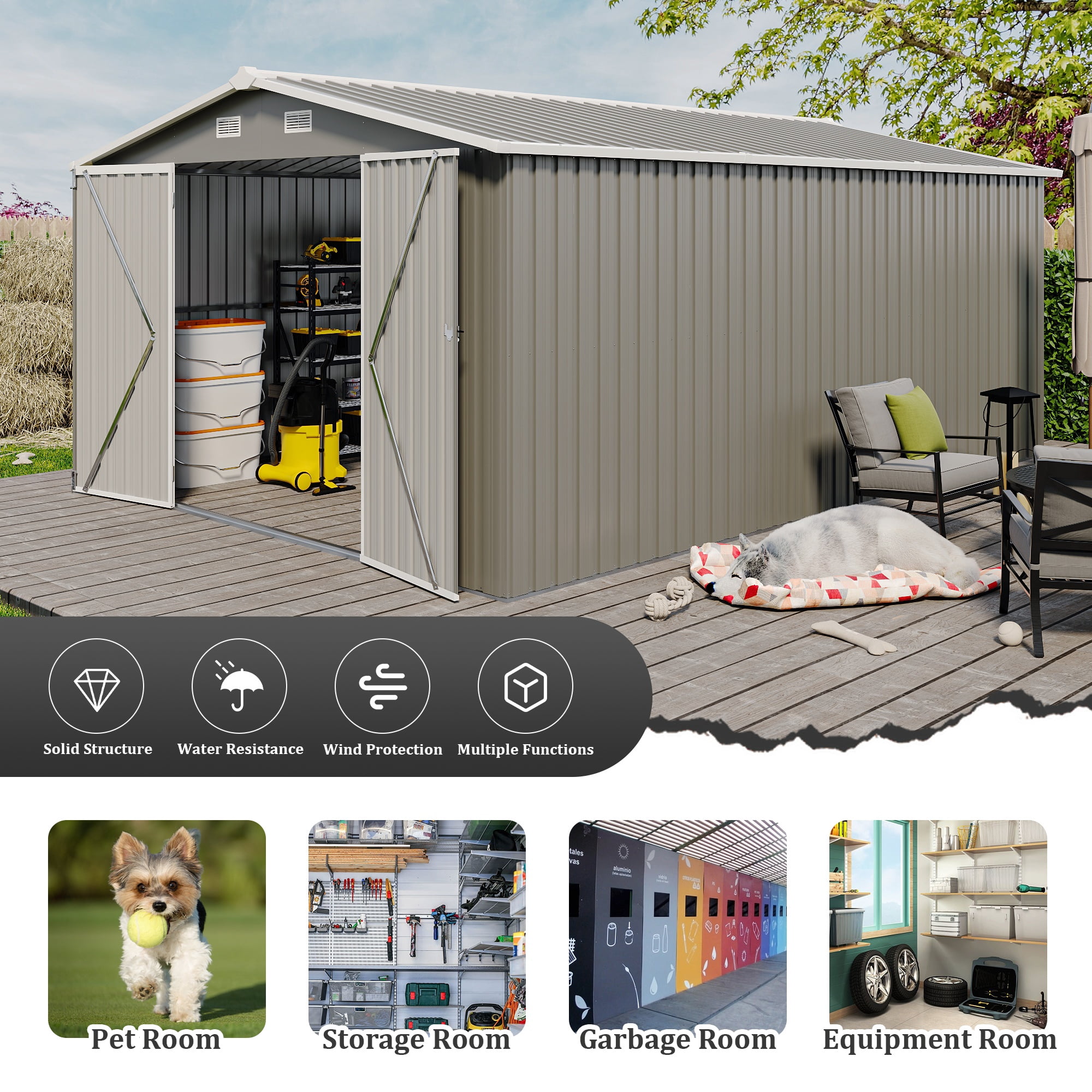 10 x 14 FT Outdoor Storage Shed, Large Metal Storage Sheds with 3 Lockable Door and 4 Air Vent, Surface Protective Film, Garden Tool Shed for Bicycles, Tools, Lawnmowers, Backyards, Patios, Lawns