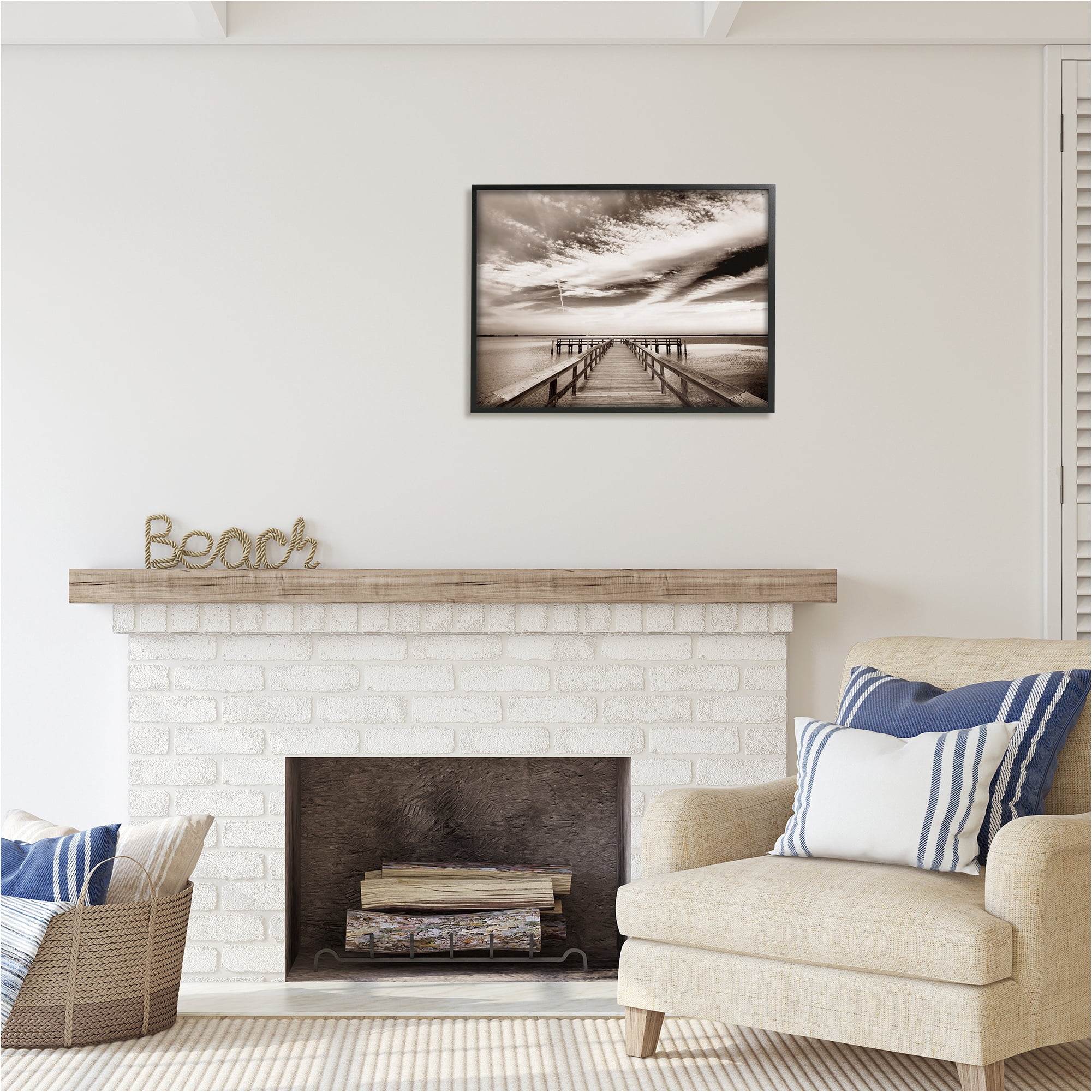Stupell Industries Dock with Cloudy Sky Landscape Photography Black Framed Art Print Wall Art, 30 x 24