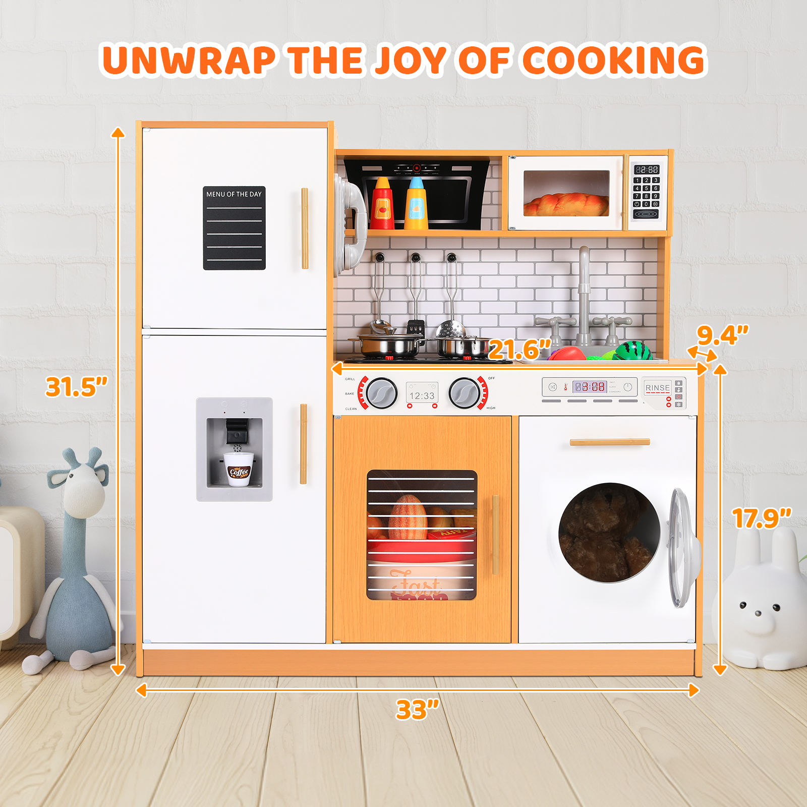 Arlopu Wooden Kids Play Kitchen - Orange with Sound & Light photo 2