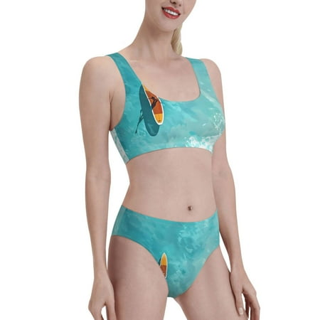 Uemuo Tranquil Ocean Canoe Journey Printed Women s High Waisted Bikini Sets Sporty Two Piece Swimsuits Color Block Cheeky High Cut Bathing Suits-