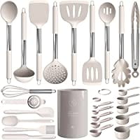 

Silicone Cooking Utensils Set - Heat Resistant Kitchen Utensils Turner Tongs Spatula Spoon Brush Whisk Stainless Steel Khaki Silicone Cooking Tool for Nonstick Cookware Dishwasher Safe (Larg