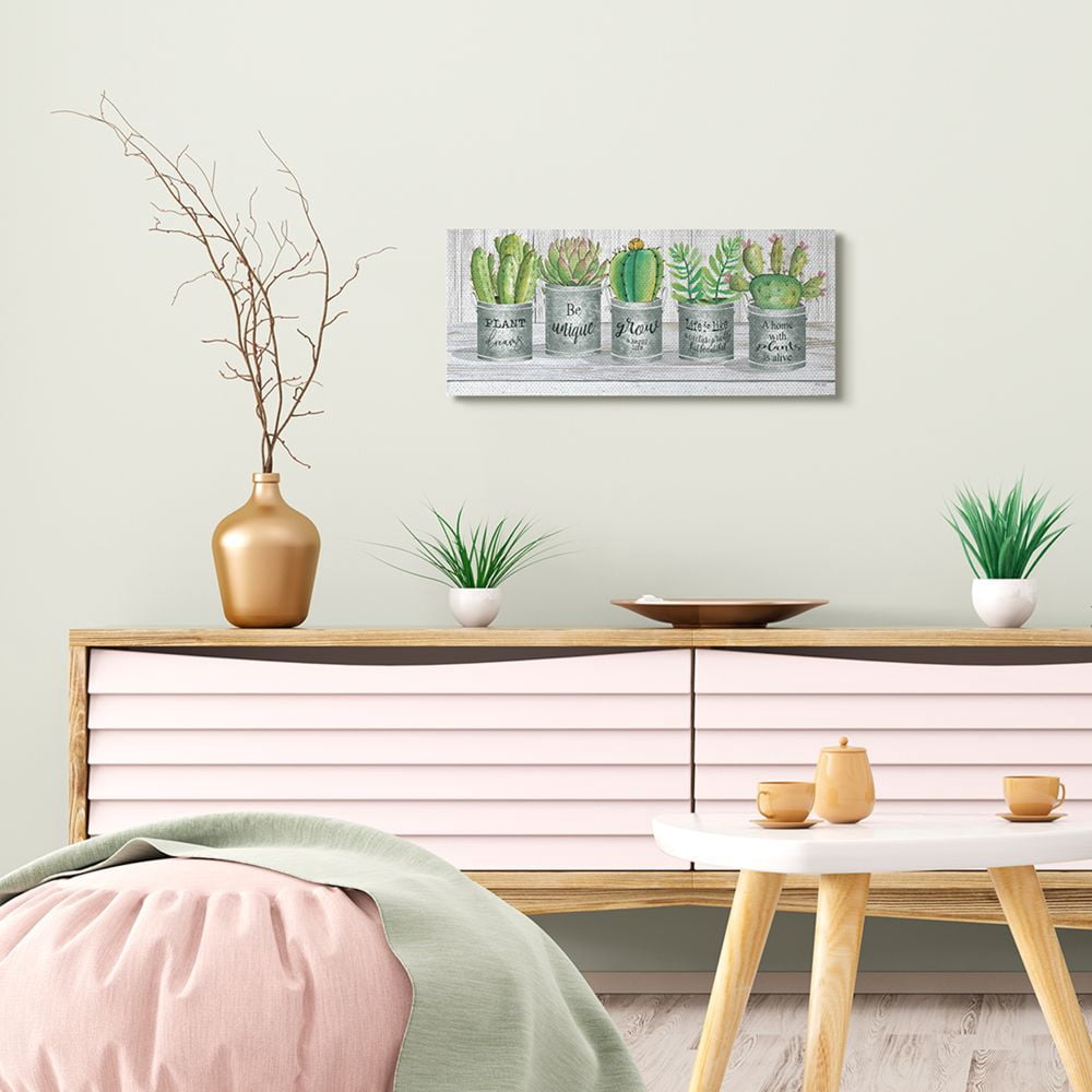 Stupell Industries Succulent and Cactus Jars with Plant Life Puns Canvas Wall Art Design by Cindy Jacobs, 10" x 24"