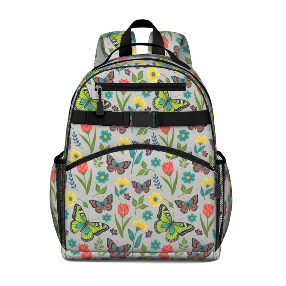 Gray Red Flower Butterfly Pattern Cute School Backpack Bag for School with Padded Back and Adjustable Shoulder Straps 15.25"x11.5"x5.25"