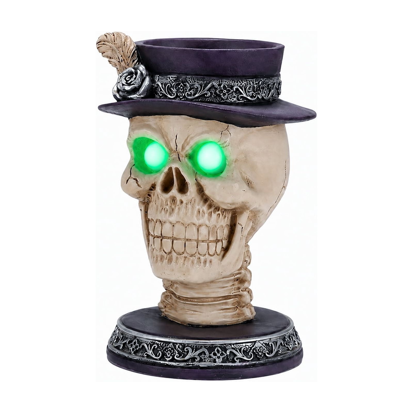 Skull Candle Holder 10.63 Inch, Gothic Skeleton Head Statue with Glowing Green Eyes and LED Light, Halloween Tabletop Decor for Home and Party, Black and White