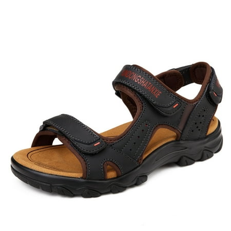 

Lopsie Men‘s Women’s Beach Sandals Lightweight Cowhide Couple Casual Sandals Breathable Sweat Absorbing Black Sandals US Size 6