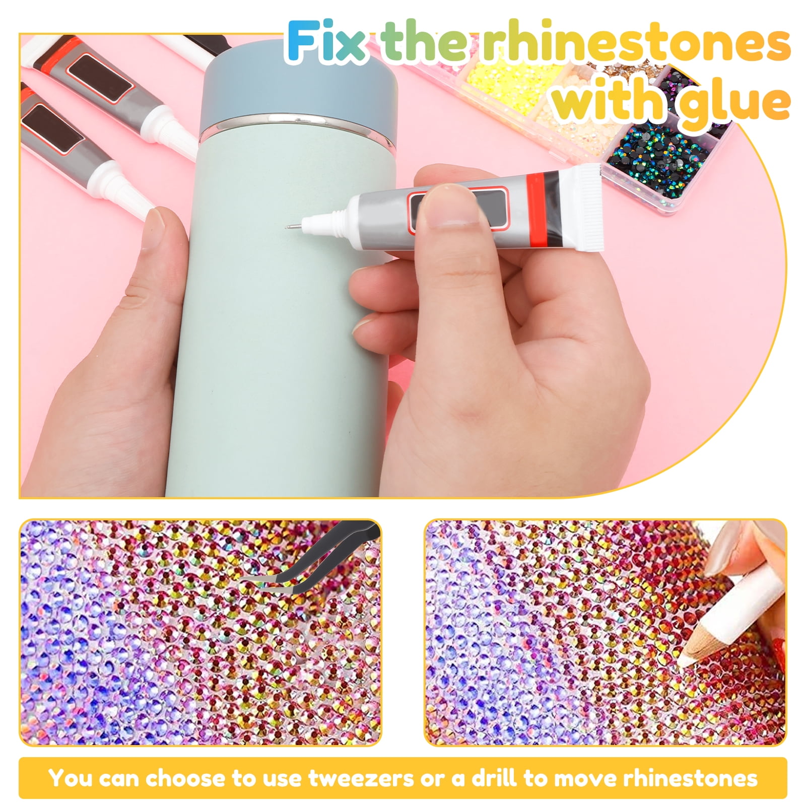 32000Pcs Resin Rhinestones with B7000 Jewelry Glue for Bedazzling Crafting, Rainbow Crystals Flat Back Gems with Craft Adhesive for DIY Graduation Cap Clothes Tumblers Shoes Nails and Face