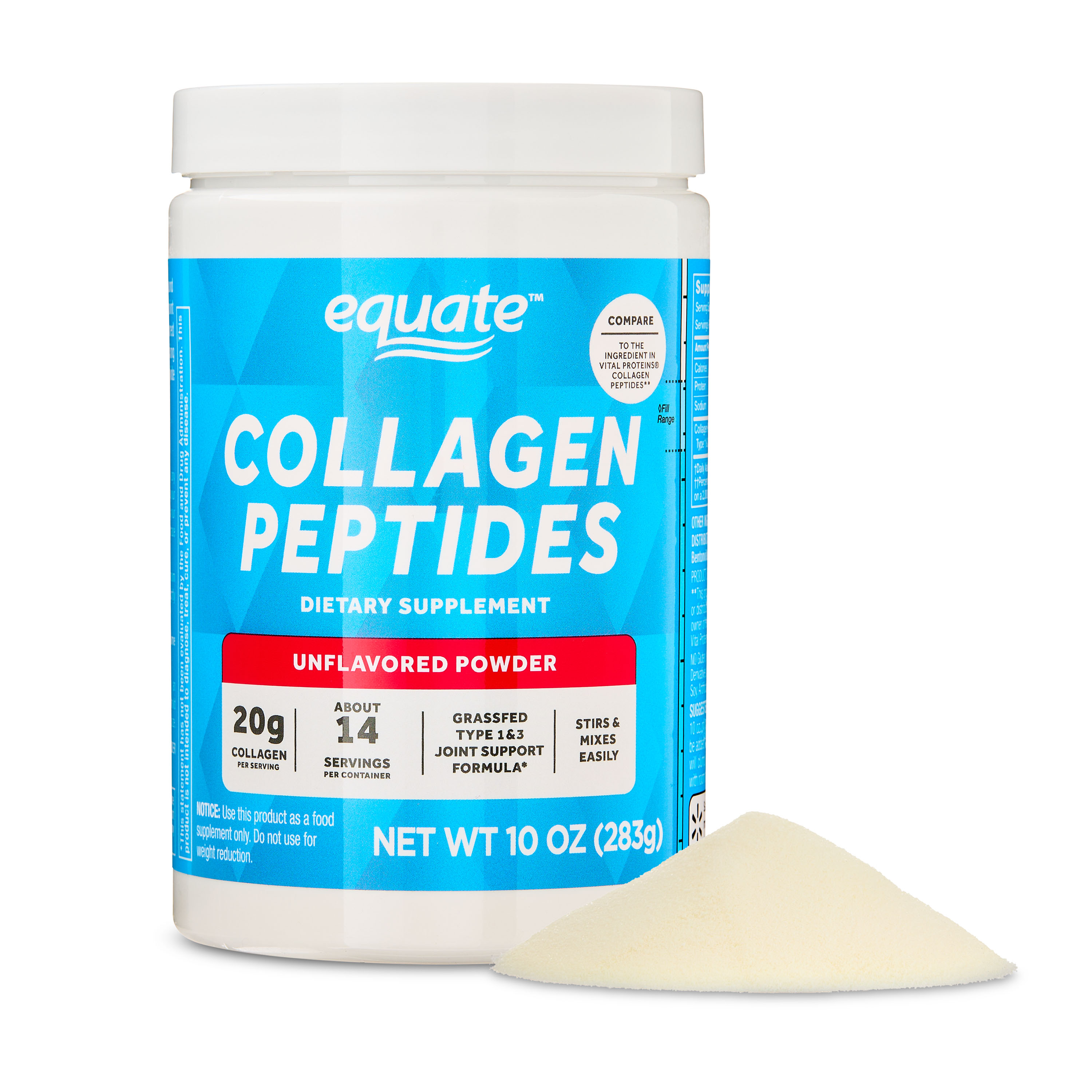 Equate Grass Fed Hydrolyzed Bovin Collagen Peptides Type 1 & 3 Dietary Supplement, Powder Form, Unflavored, 10 oz
