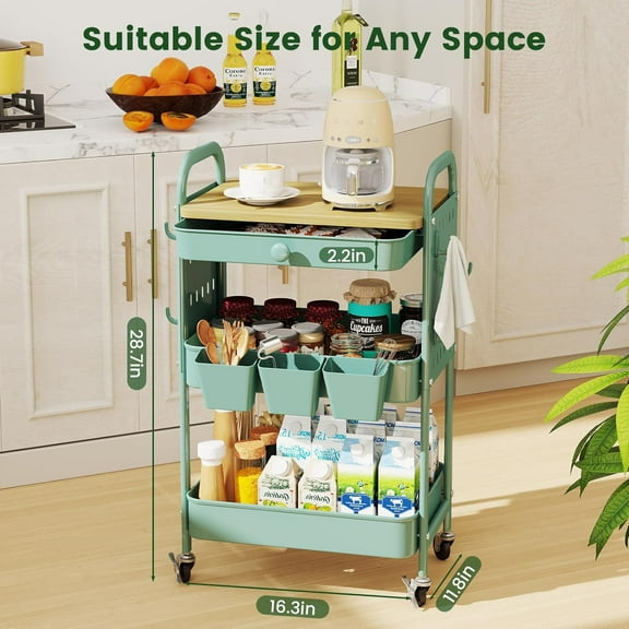 3 Tier Rolling Cart with Wooden Top, Metal Pegboard & Drawer for Kitchen, Bathroom, Office