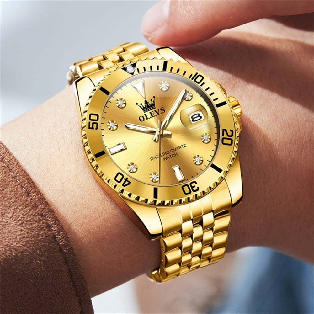 OLEVS Watch for Men Stainless Steel Business Dress Luxury Diamond Big Face Waterproof Mens Watches with Date Analog Wrist Men Watch Reloj para Hombre Gold Dial