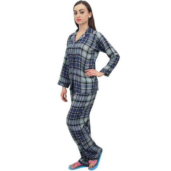 Bimba Navy Blue Check Print Women's Shirt With Pajama Pants 2 Pcs Nightwear - 10