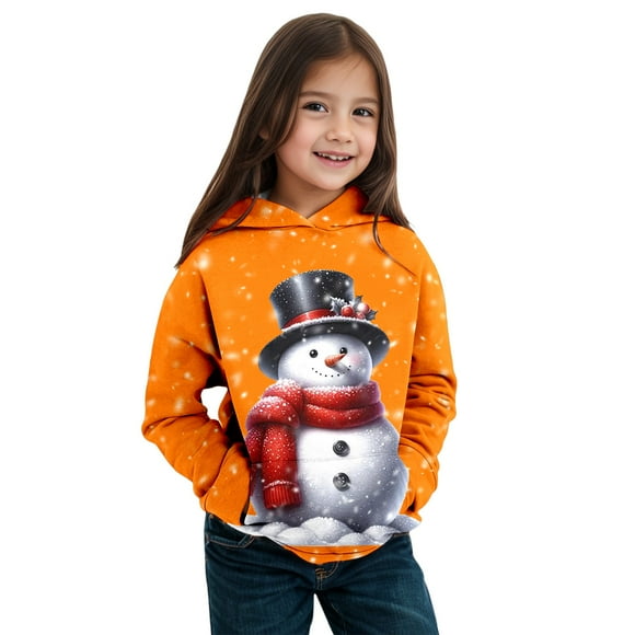 FYEGRE Cookie Swap Little Girl's Holiday Hooded Pullover Girls Winter Snowman Print Hoodie Warm Long Sleeve Pullover Cozy Christmas Holiday Themed Outerwear For Childr Orange 5-6 Years