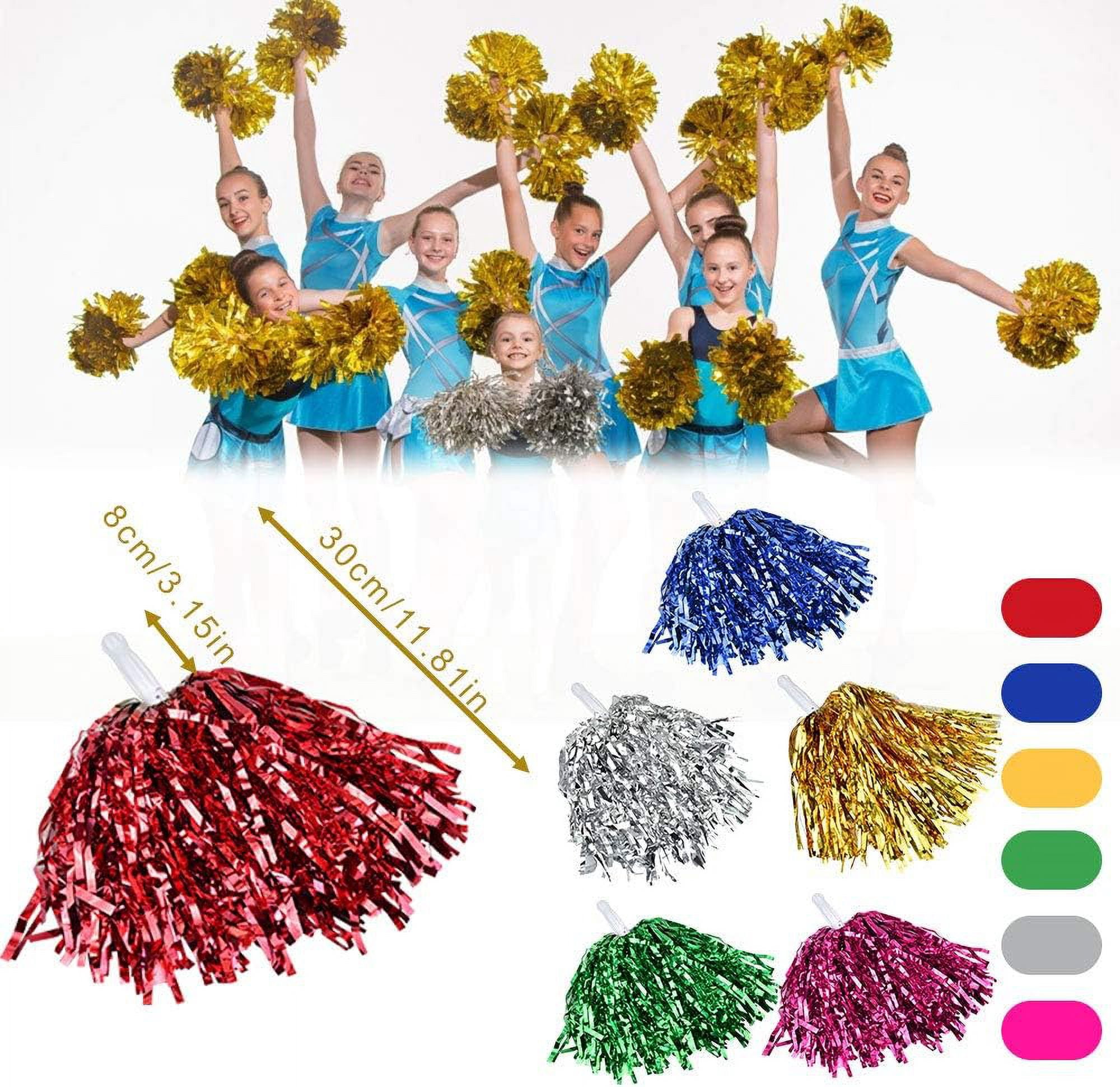 LINLIN 12 Pack Cheerleading Pom Poms Fluffy Pom Poms Cheer Metallic Strips With Plastic Handle, Cheerleader Pompoms for Sports Matches, Stage Performance, Holiday Celebrate