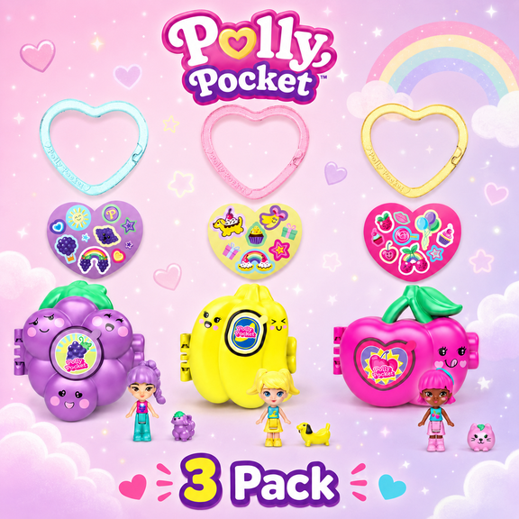 Polly Pocket Fruit Friend Reveal 3-Pack Compact Toy Set, Grape, Banana & Cherry Styles, Mini Doll Surprise Toys