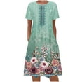 thumbnail image 2 of Sakmal Green Dresses for Women 2024 Casual Spring Mid-Length Crew Neck Floral Short Sleeve Basic Shift Dress, 2 of 5