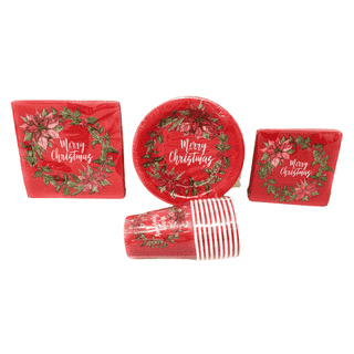 Suttmin 120 Pcs Christmas Poinsettia Party Supplies Tableware Set Including  60 12'' Christmas Oval Paper Plates with 60 9 oz Christmas Paper Cups