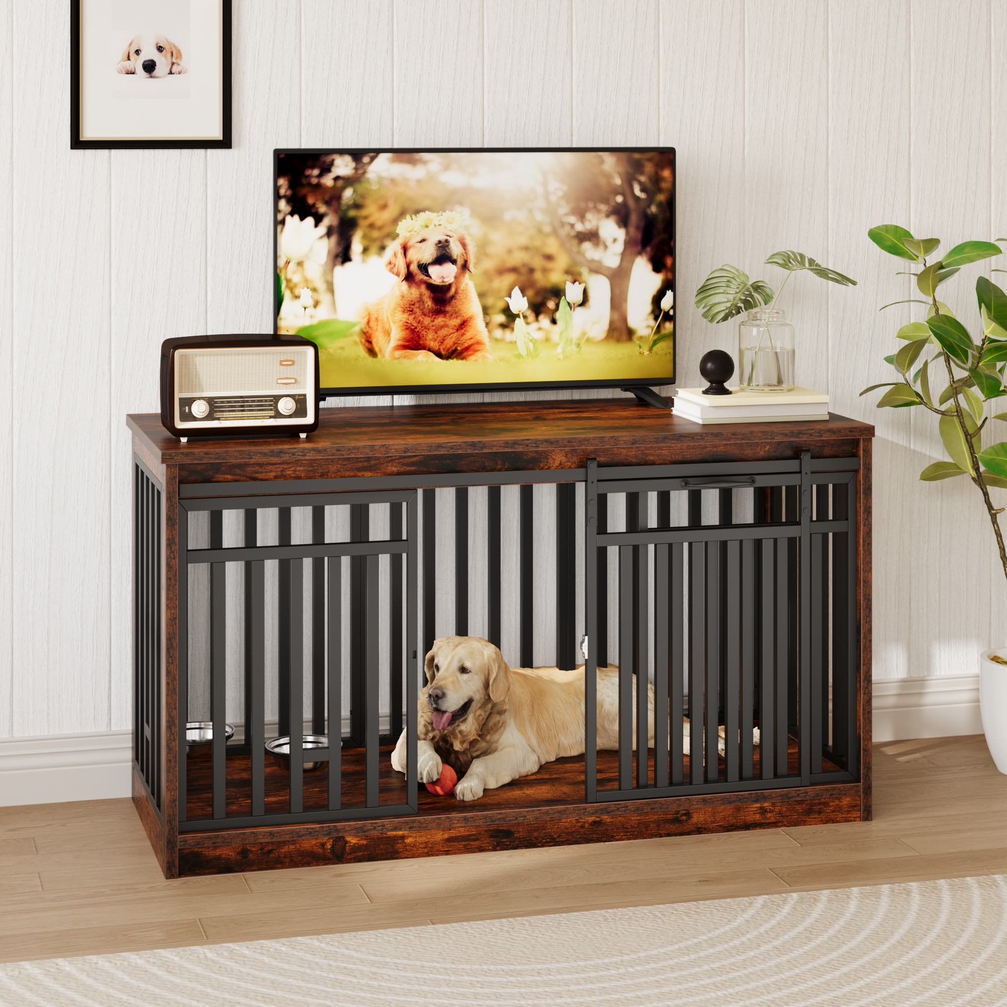 Uforic 55.1 Inch Dog Crate Furniture for Large Dogs,Indoor Furniture Style Wooden Large Dog Kennel TV Stand Sliding Doors - Rustic Brown