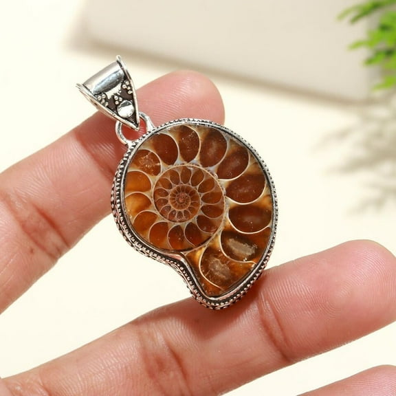 Ammonite Fossil Gemstone Pendant Handmade 925 Sterling Silver Pendant Jewelry
