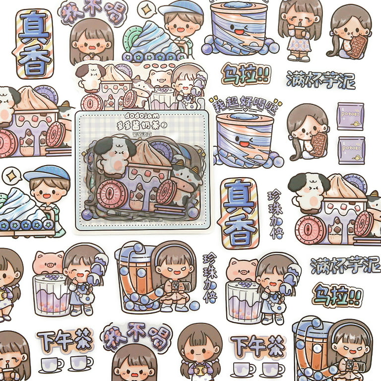 PET Waterproof Sticker Cute Girl Cartoon Journal Decoration Sticker Journal  Material,Purple (Pack of 3)