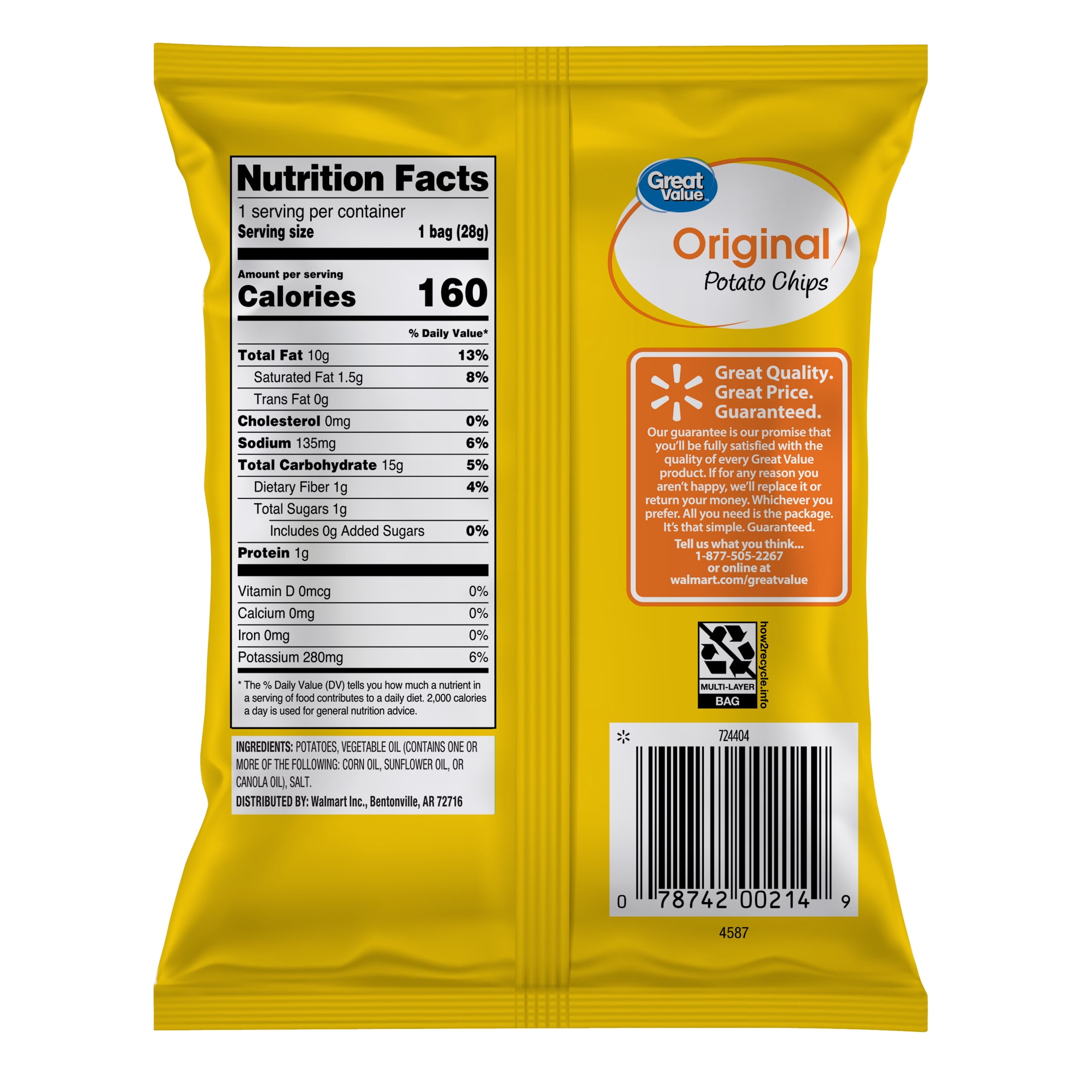 Great Value Cheddar &amp; Sour Cream Potato Chips, 1 oz (Pack of 40 