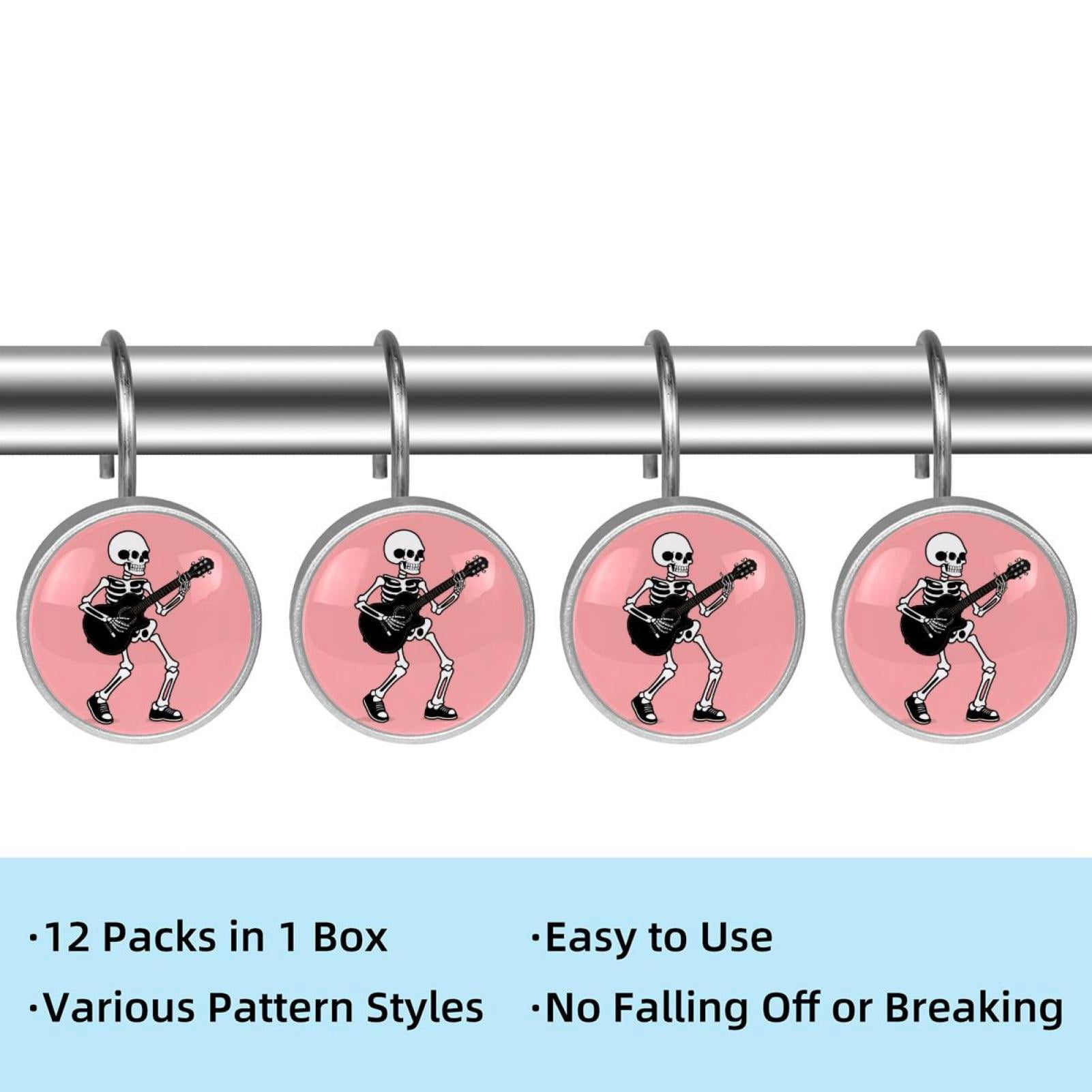 12pcs Decorative Shower Curtain Hooks, Rust Resistant Shower Rings for Bathroom Living Room,Rustproof Stainless Steel Rings for Shower Curtain and Liner Rods,Guitar Skeleton Pink